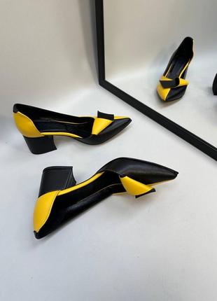 Дизайнерские черно желтые туфли double натуральная кожа замш 35-412 фото