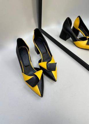 Дизайнерські чорно жовті туфлі double натуральна шкіра замш 35-41