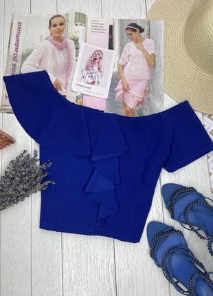 Синя коротка блуза xs s блузка з рюшами блуза на одне плече