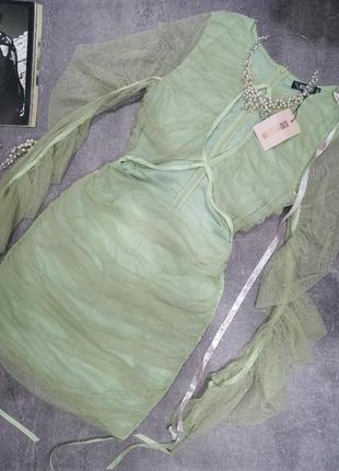 Мини платье фатин сетка полупрозрачное вырез оливковое зелёное missguіded4 фото