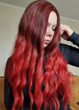 Парик с длинными красными волосами термопарик красный термо волокно7 фото