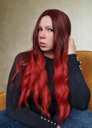 Парик с длинными красными волосами термопарик красный термо волокно8 фото
