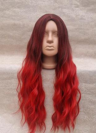 Парик с длинными красными волосами термопарик красный термо волокно3 фото