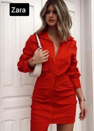 Платье мини женская красное с драпировкой платье-рубашка лен от бренда zara m