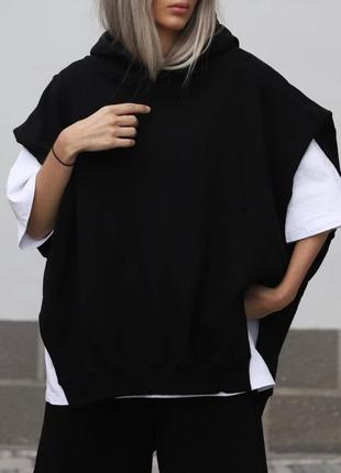 Женское худи жилеткп без рукавов безрукавка с капюшоном черный серый меланж мокко коричневый базовый оверсайз