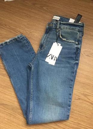 Прямые узкие джинсы slim с высокой посадкой zara - 34, 369 фото