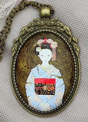Кулон с цепочкой " gion geisha", гейша, винтажный стиль, япония, череп, готика, колье5 фото