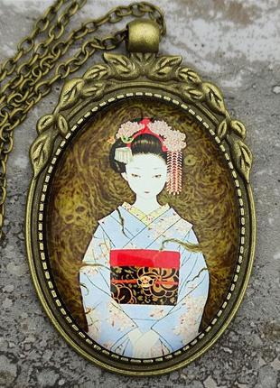 Кулон с цепочкой " gion geisha", гейша, винтажный стиль, япония, череп, готика, колье3 фото