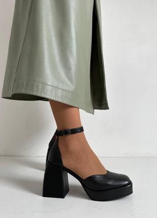 Туфли женские черные на стойком каблуке натуральная кожа2 фото