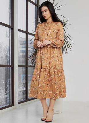 Платье женское миди штапельное хлопковое натуральное оверсайз свободное средней длины цветочное6 фото