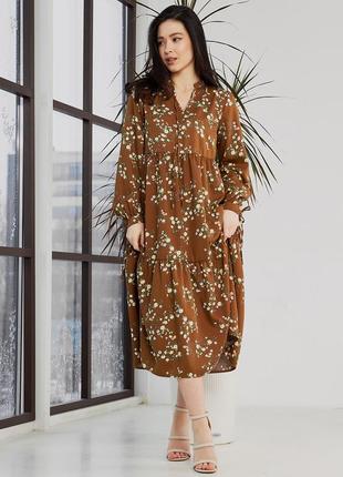Платье женское миди штапельное хлопковое натуральное оверсайз свободное средней длины цветочное9 фото