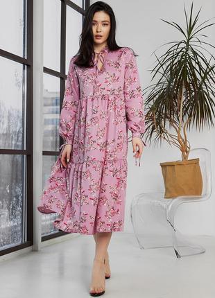 Платье женское миди штапельное хлопковое натуральное оверсайз свободное цветочное розовое