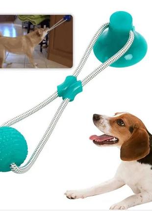 Игрушка для собак dog toy rope pull канат на присоске с мячом бирюзовая