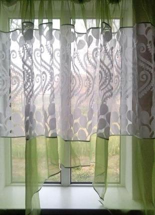 Готова салатова коротка пошита тюль фіранка аркою для кухні, веранди, вітальні,...