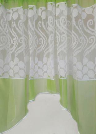 Готова салатова коротка пошита тюль фіранка аркою для кухні, веранди, вітальні,...