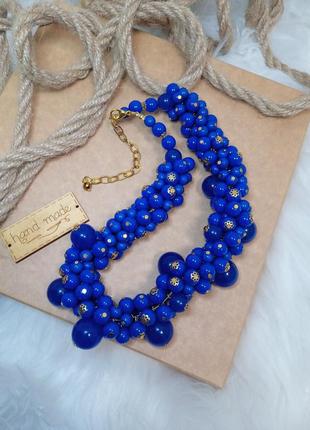 Колье - гроздье ожерелье бусы синие "alice" объемное украшение на шею бижутерия ручная работа чокер тренд4 фото