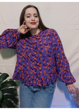 Цветочная блуза рукава буфы фиалки рубашка вискоза7 фото