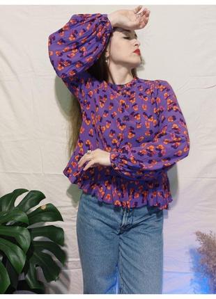 Цветочная блуза рукава буфы фиалки рубашка вискоза6 фото