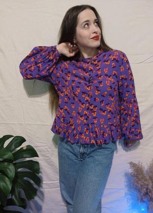 Цветочная блуза рукава буфы фиалки рубашка вискоза2 фото