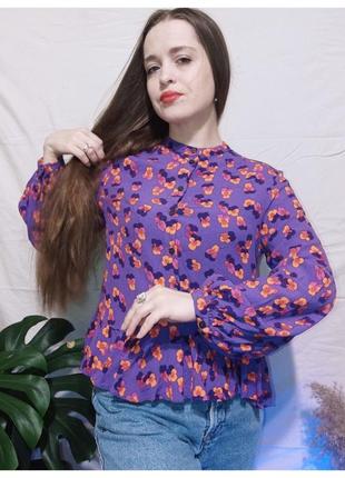 Цветочная блуза рукава буфы фиалки рубашка вискоза4 фото