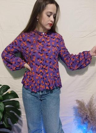 Цветочная блуза рукава буфы фиалки рубашка вискоза5 фото
