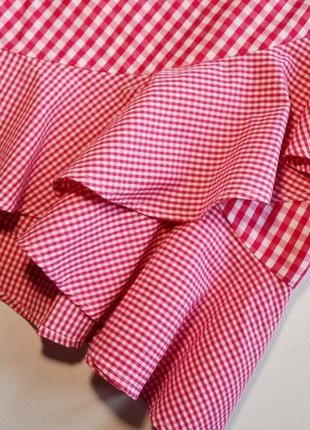 Стильная розовая блуза в клетку с воланами по низу хлопок2 фото