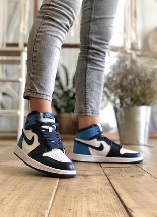 Женские голубые кроссовки nike air jordan 1 high blue white black10 фото