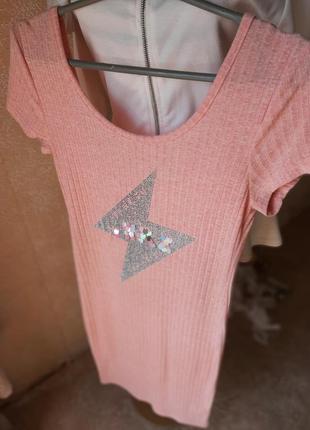 Платье-футболка сукня плаття миди розовое рубчик меланж принт приталенное по фигуре2 фото