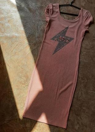 Плаття-футболка сукня плаття міді рожеве рубчик меланж принт приталене на фігурі5 фото