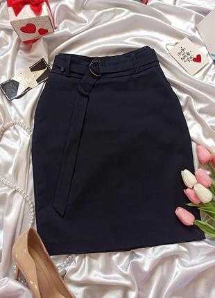 Темно синяя мини юбка стрейч котон с поясом4 фото