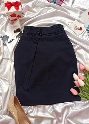 Темно синяя мини юбка стрейч котон с поясом6 фото