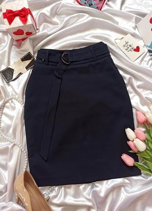 Темно синяя мини юбка стрейч котон с поясом3 фото