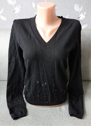 Женская черная кофта с бисером шерсть р.42/44 джемпер пуловер6 фото