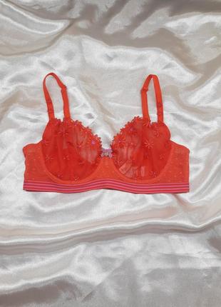 Красный кораловый кружевной яркий секси сексуальный бюстгальтер лифчик без паролона с косточками чашка с в д однотонные в сетку цветы