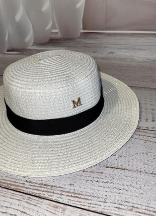 Шляпа женская солнцезащитная соломенная белого цвета (54-58)3 фото