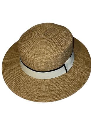 Летняя женская солнцезащитная соломенная шляпа канотье колорит белая  (54-58)5 фото