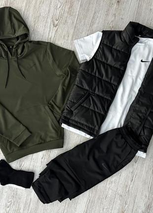 Комплект 5 в 1 nike хаки худи + черные брюки + черная жилетка + белая футболка + 2 пары носков (черные и белые)