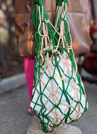 Авоская зеленая бежевая эко сумка макраме полиэфирный шнур3 фото