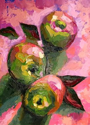 Маленькі картини-листівки пташка весна яблука олійні фарби2 фото