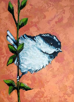 Маленькие картины-листочки птичка весна яблока масляные краски