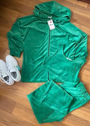 Велюровый спортивный костюм тройка кофта штаны топ свободный молочный белый бежевый зеленый комплект