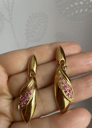 Вінтажні сережки краплі фуксія рожеві золотисті американський вінтаж5 фото