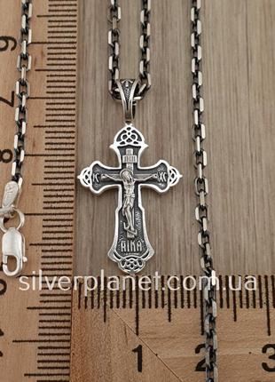 Черненая серебряная цепочка якорь с крестиком на жестком ушке. якорная цепь на шею и крест серебро3 фото