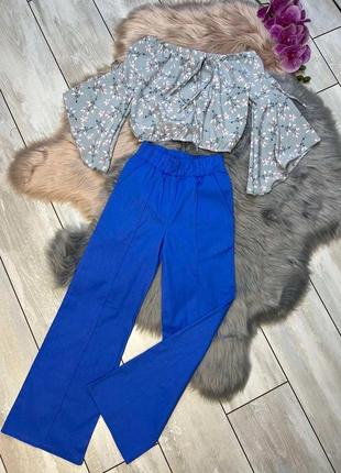 Стильний та водночас легенький брючний льоний костюм для дівчинки ( блуза та штани палаццо)3 фото