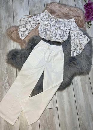 Стильний та водночас легенький брючний льоний костюм для дівчинки ( блуза та штани палаццо)5 фото