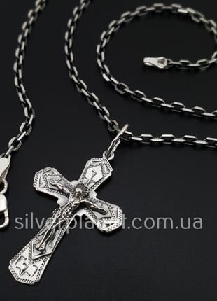 Серебряная цепочка якорное плетение с крестиком . якорная серебряная цепь на шею и крест серебро 9257 фото