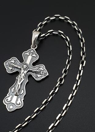 Серебряная цепочка якорное плетение и крестик . якорная цепь на шею и крест серебро 9251 фото