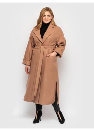 Пальто песочного цвета на запах свободный крой в стиле халат длинное из кашемира с разрезами размеры 48-58