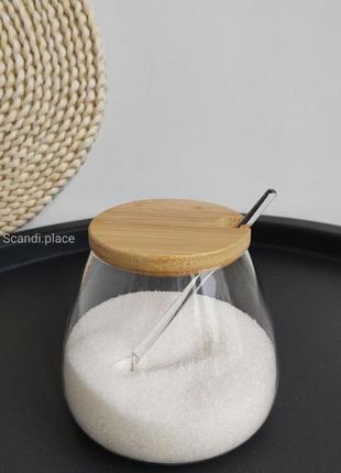 Сахарница стеклянная с бамбуковой крышкой3 фото