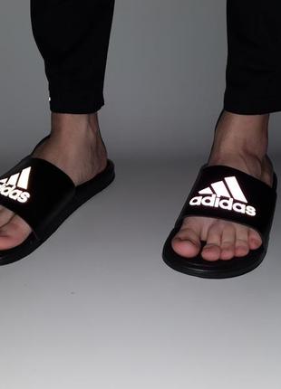 Мужские тапочки летние черные adidas с рефлективным лого. шлепанцы на лето адидас пляжные7 фото